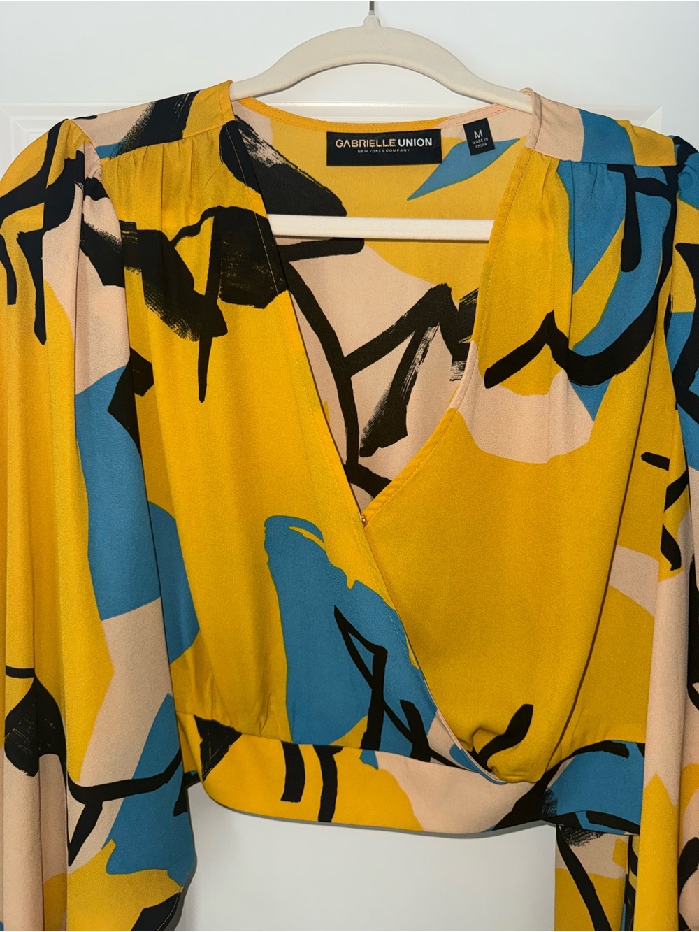 Gabrielle Union Mustard Abstract Print Wrap Blouse - Picture 2 of 5